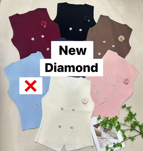 Knitted Collar Down Crystal Buttons Vest